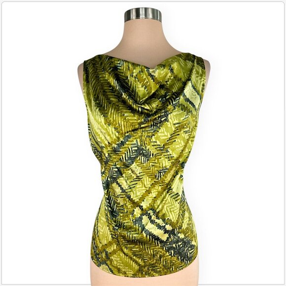 St. John Green Patterned Print Stretch Silk Sleeveless Drape Neck Top Blouse S - Picture 2 of 4